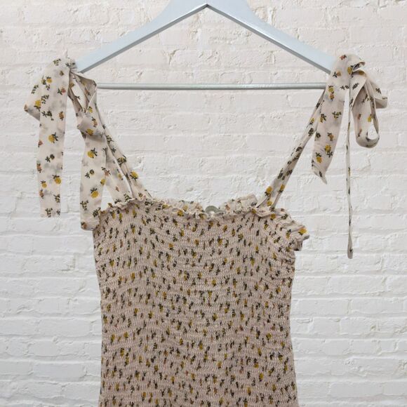 Free People Intimately Bella Smocked Dress S  Ivory Floral Mini Tie Straps Boho - Picture 4 of 16